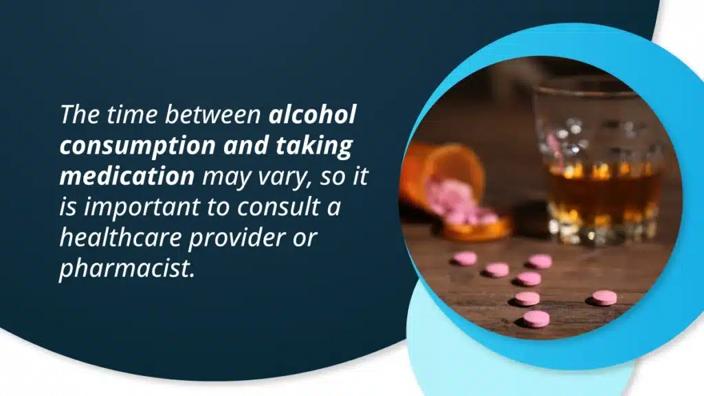 Pills spilled on a table next to an alcoholic beverage. Graphic explains the safe time to wait before drinking depends on your prescription