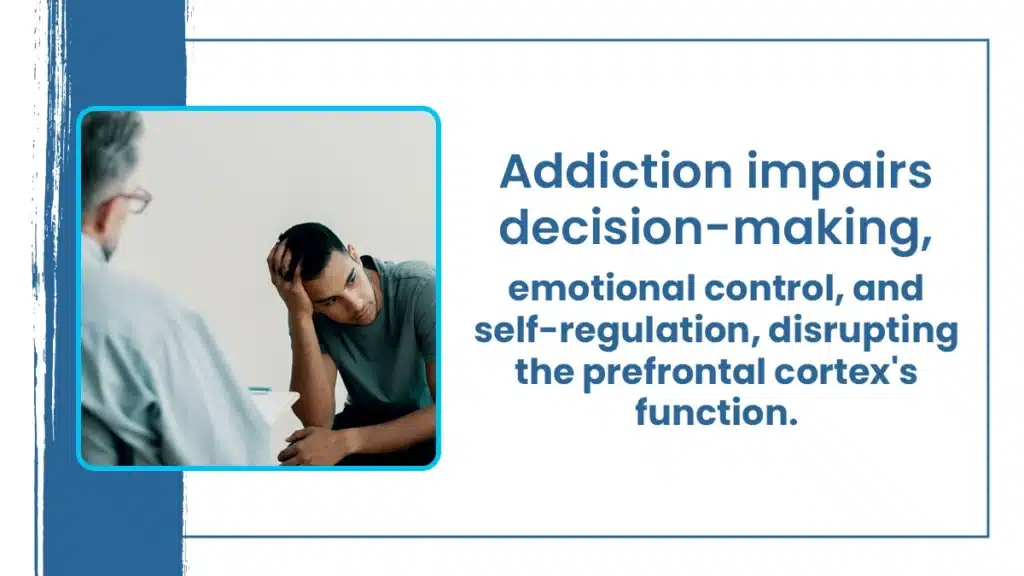 Man holding his head meeting with male therapist. Addiction impairs decision making, emotional control, and self regulation.