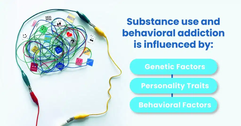 Wires arranged to represent a head and brain. Addictions are influenced by genetic and behavioral factors and personality.