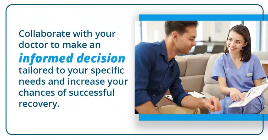 Female doctor speaking with male patient. Collaborate with your doctor to decide between inpatient and outpatient treatment programs.