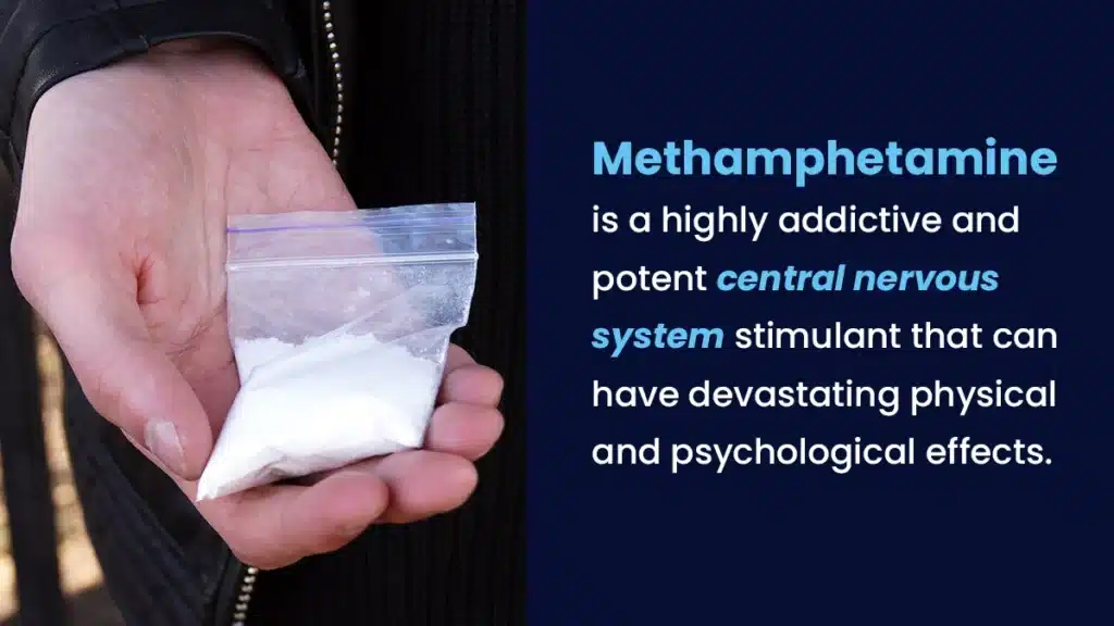 Photo of white crystalline substance with a graphic of a brain. Methamphetamine can have devastating physical and psychological effects.